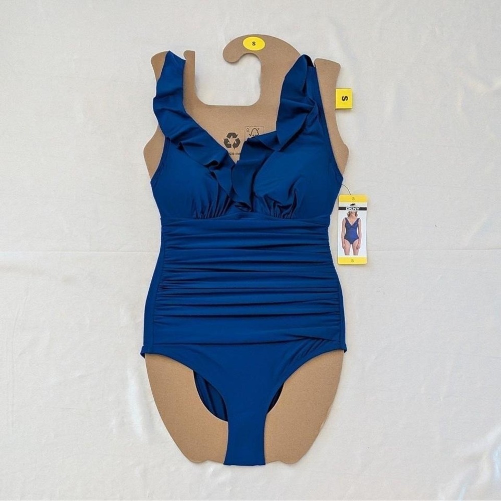 New DKNY Women's Ruffle Sleeve One-Piece Swimsuit‎ Blue Small (4)